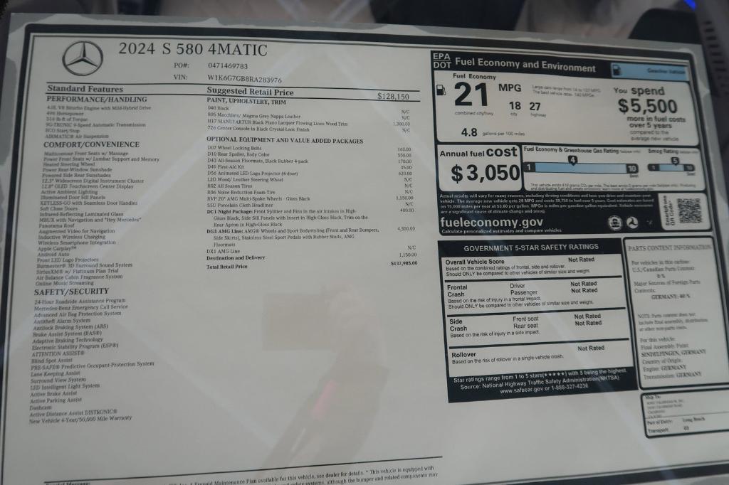 new 2024 Mercedes-Benz S-Class car, priced at $129,981