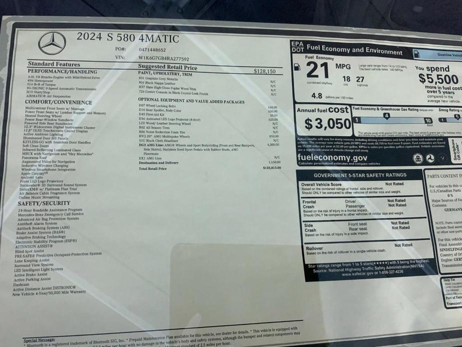 new 2024 Mercedes-Benz S-Class car, priced at $127,812