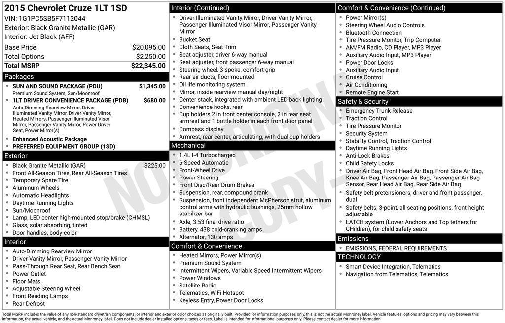 used 2015 Chevrolet Cruze car, priced at $7,947