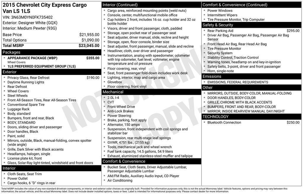 used 2015 Chevrolet City Express car, priced at $17,069