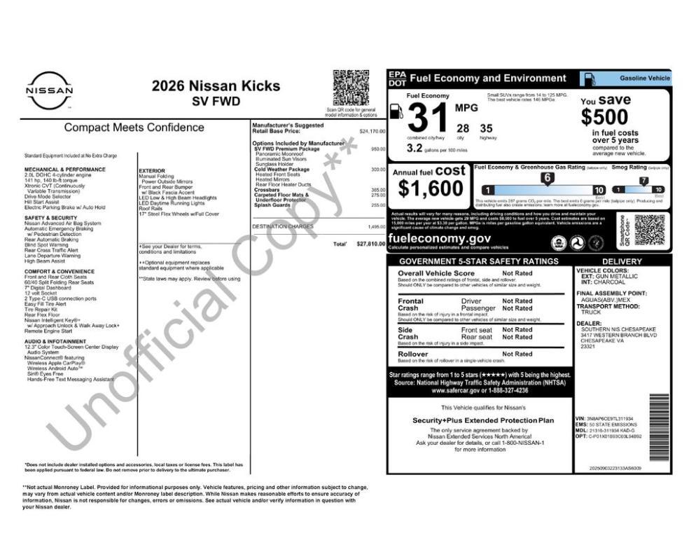 new 2026 Nissan Kicks car, priced at $27,810