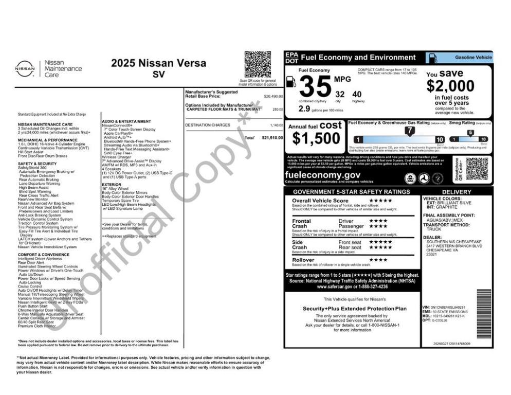new 2025 Nissan Versa car, priced at $22,102