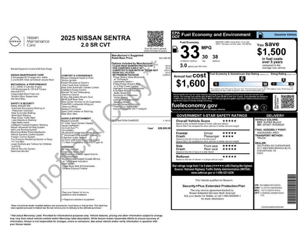 new 2025 Nissan Sentra car, priced at $28,100