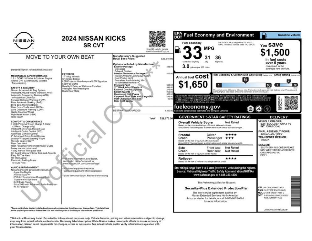 new 2024 Nissan Kicks car, priced at $26,326