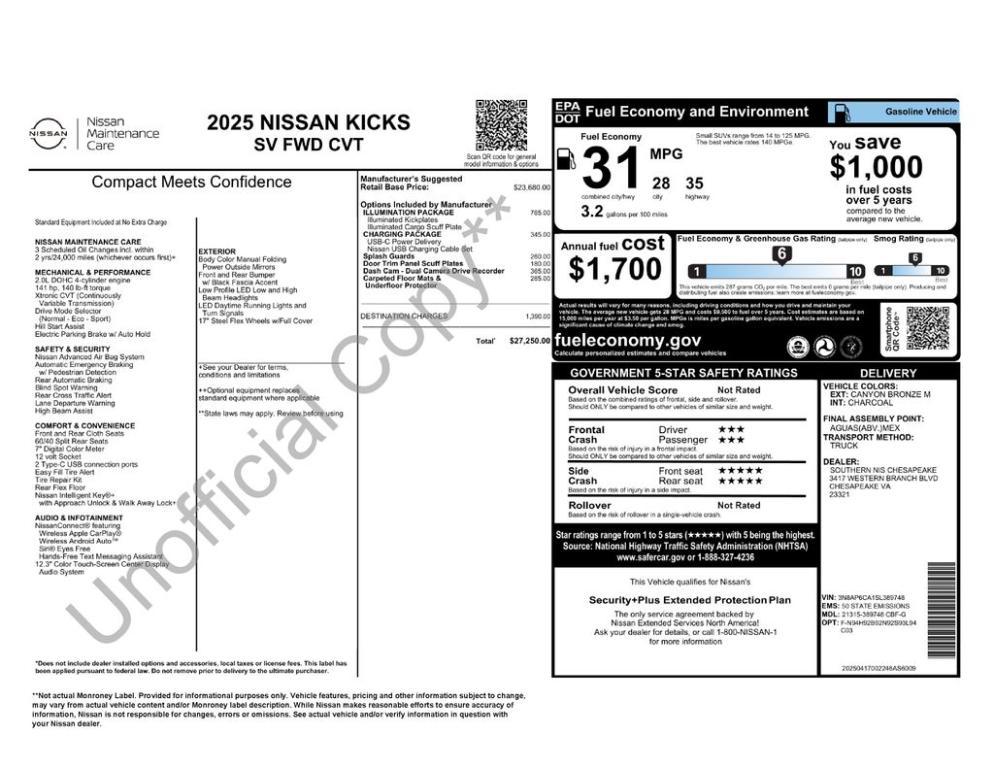 new 2025 Nissan Kicks car, priced at $26,901