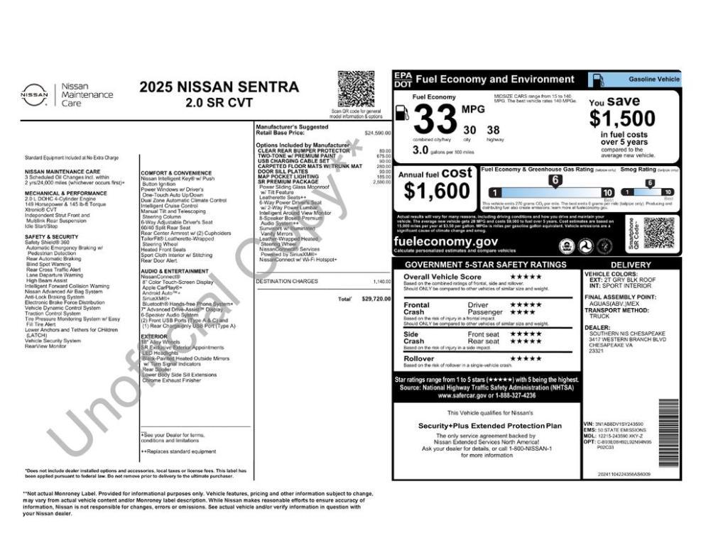new 2025 Nissan Sentra car, priced at $28,869
