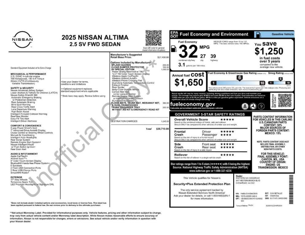 new 2025 Nissan Altima car, priced at $27,091