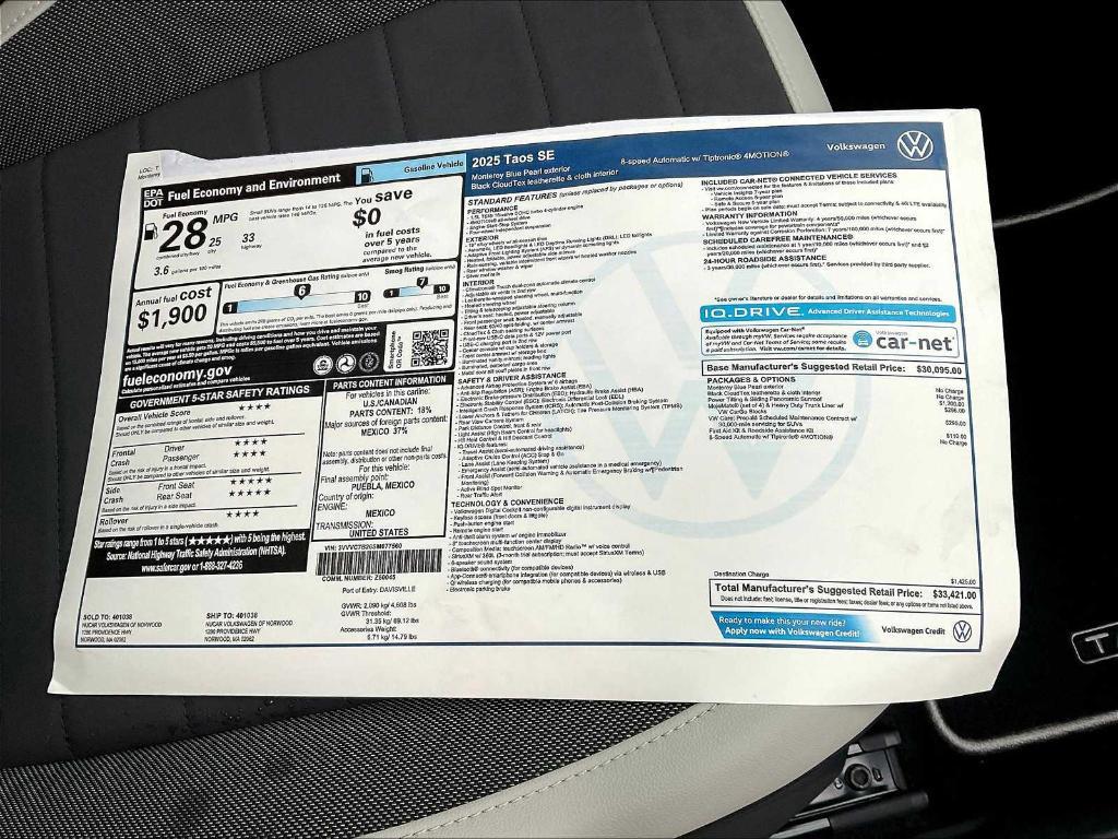 new 2025 Volkswagen Taos car, priced at $31,713