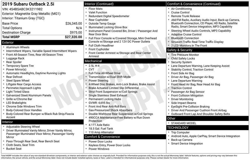 used 2019 Subaru Outback car, priced at $23,500