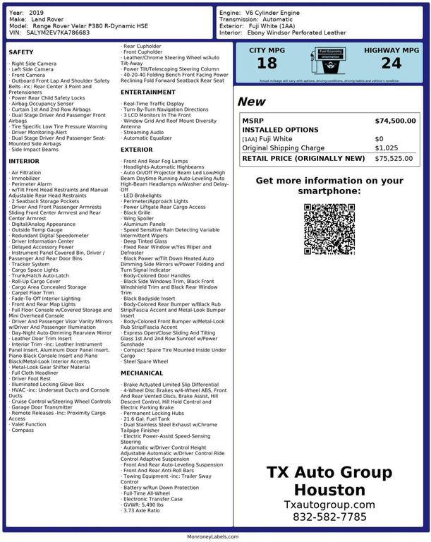 used 2019 Land Rover Range Rover Velar car, priced at $37,595