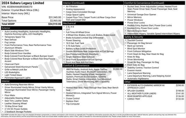 used 2024 Subaru Legacy car, priced at $26,477