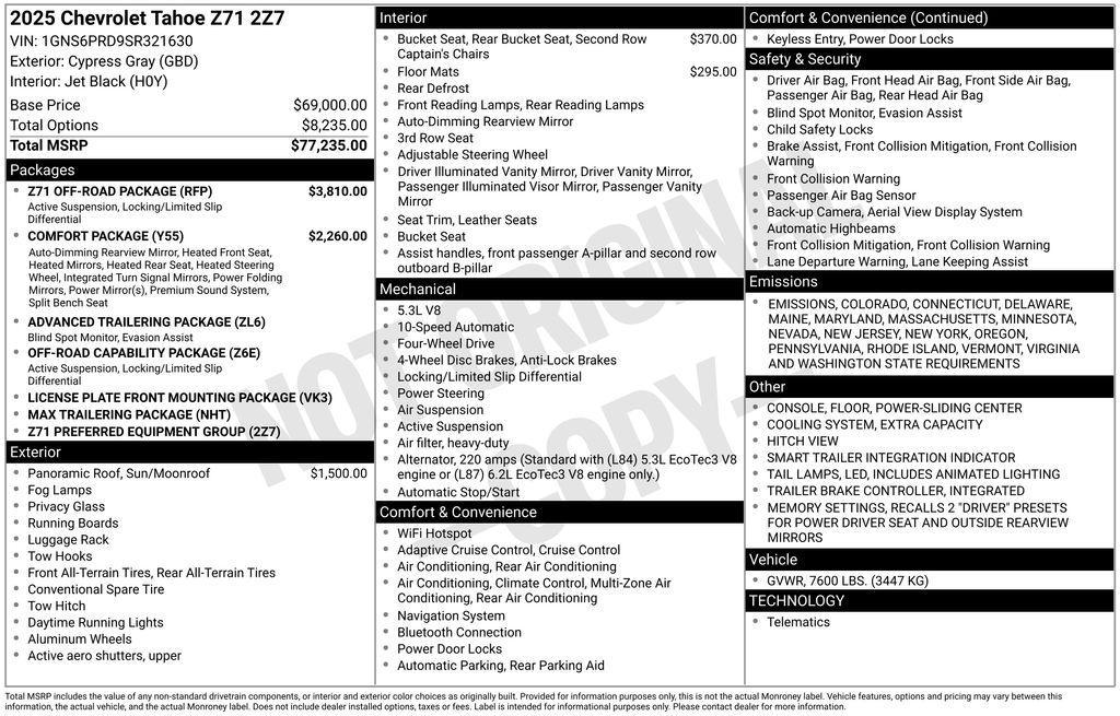 new 2025 Chevrolet Tahoe car, priced at $78,825