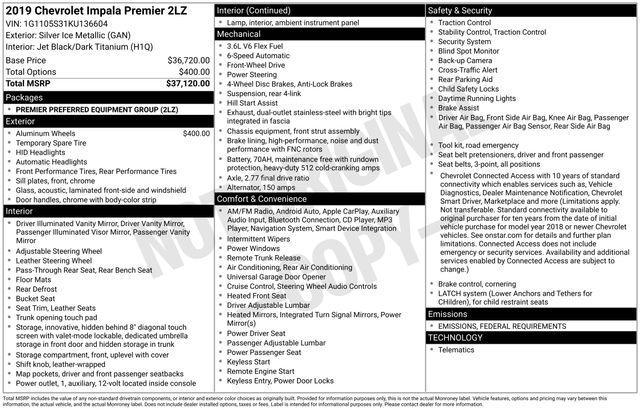 used 2019 Chevrolet Impala car, priced at $22,494