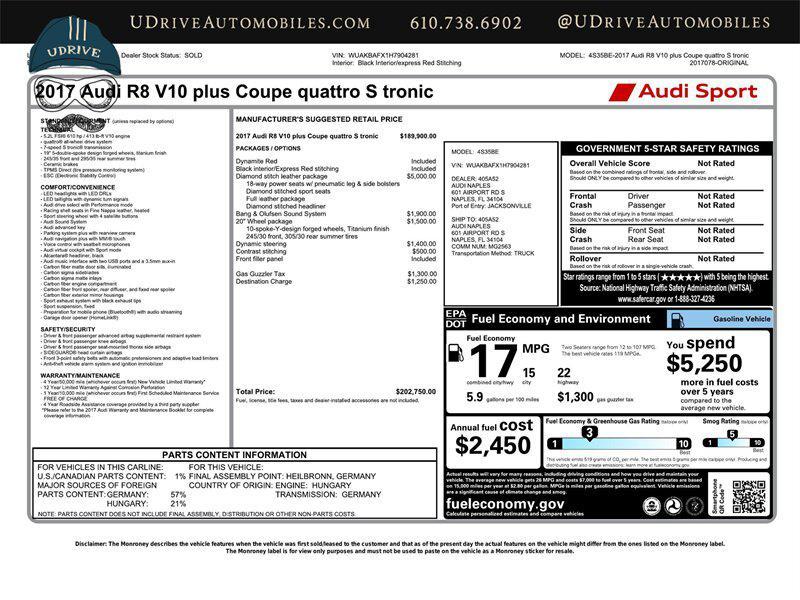 used 2017 Audi R8 car, priced at $147,900