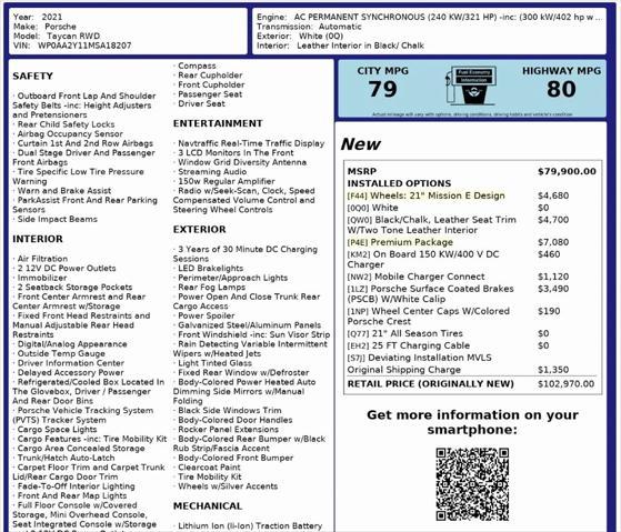 used 2021 Porsche Taycan car, priced at $63,999