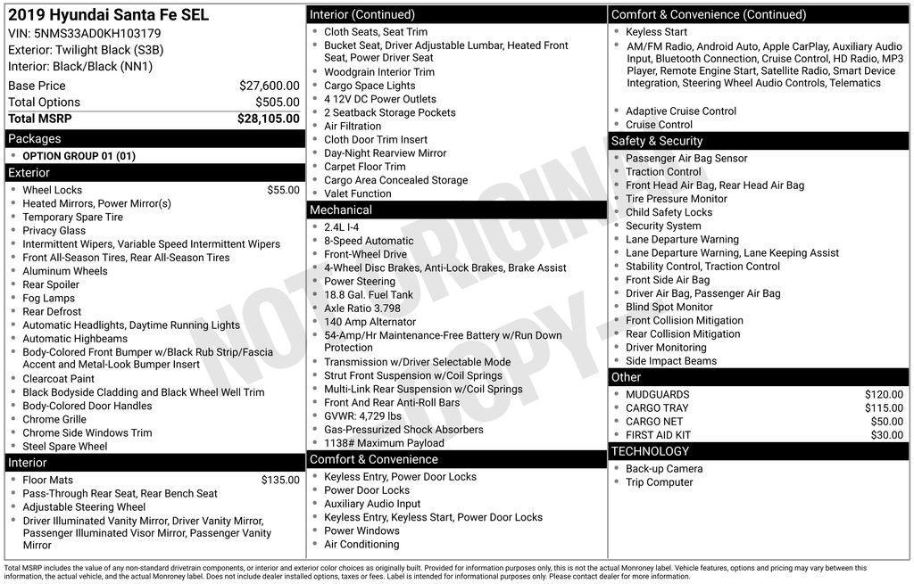 used 2019 Hyundai Santa Fe car, priced at $16,875