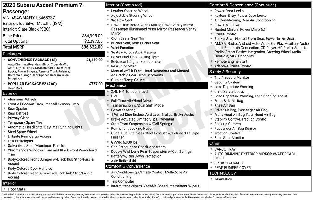 used 2020 Subaru Ascent car, priced at $21,950