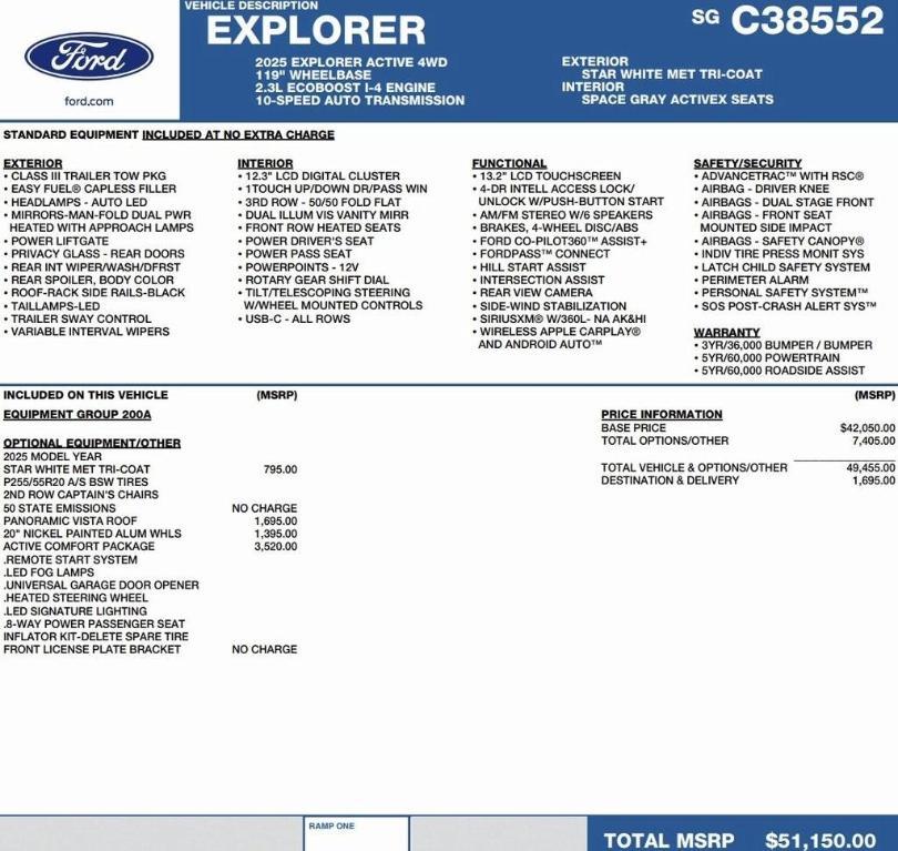 new 2025 Ford Explorer car, priced at $43,604