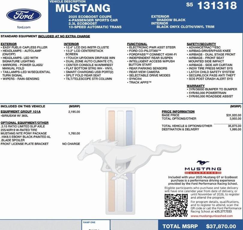 new 2025 Ford Mustang car, priced at $32,700
