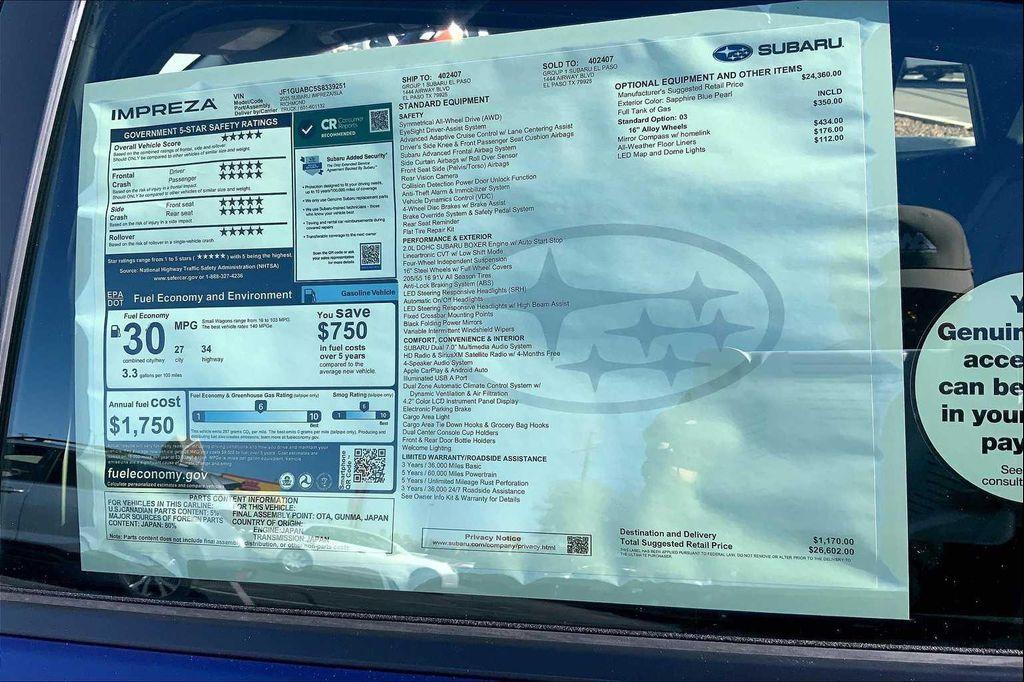 new 2025 Subaru Impreza car, priced at $26,602