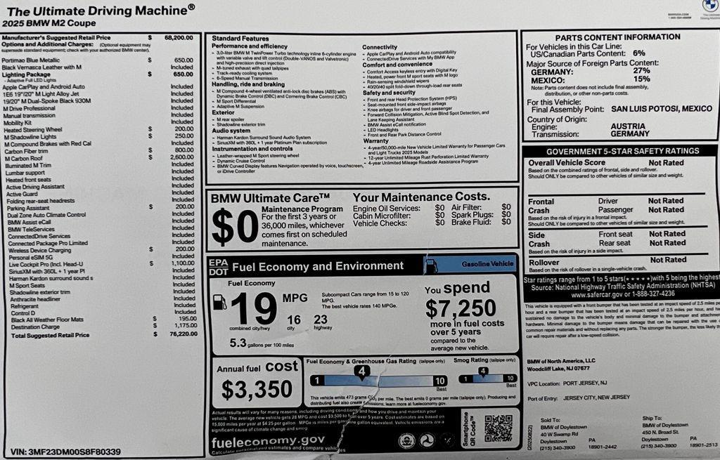 new 2025 BMW M2 car, priced at $76,220