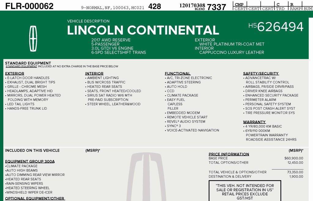 used 2017 Lincoln Continental car, priced at $21,929