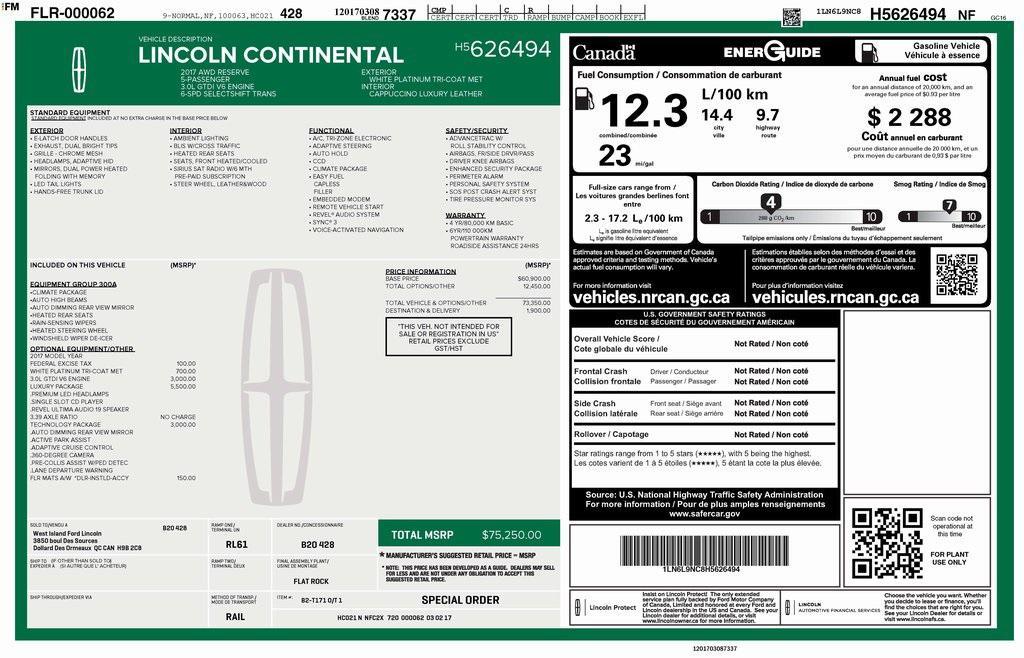 used 2017 Lincoln Continental car, priced at $21,929