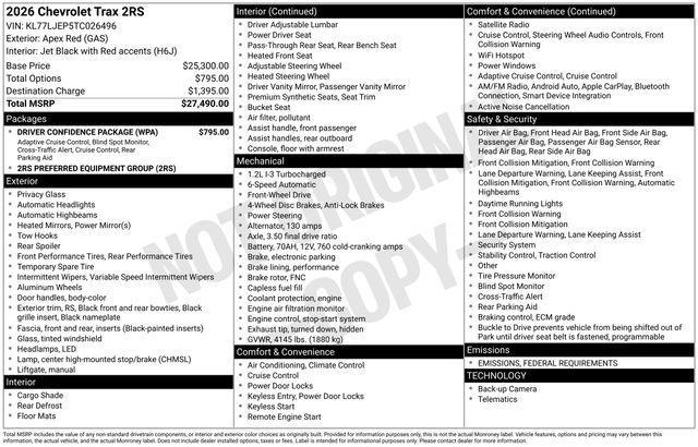 new 2026 Chevrolet Trax car, priced at $27,490