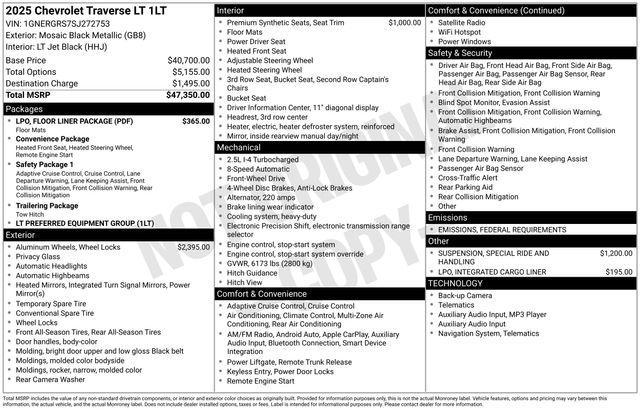 new 2025 Chevrolet Traverse car, priced at $43,315