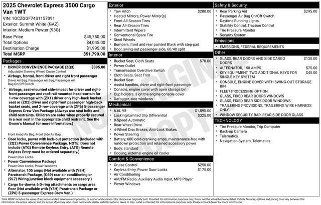 new 2025 Chevrolet Express 3500 car, priced at $49,440