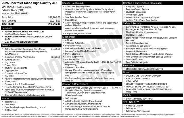 new 2025 Chevrolet Tahoe car, priced at $93,310