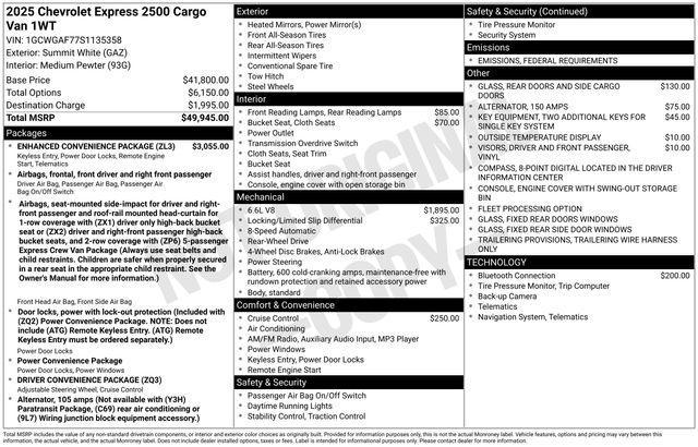 new 2025 Chevrolet Express 2500 car, priced at $45,700