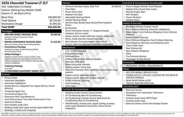 new 2026 Chevrolet Traverse car, priced at $47,326