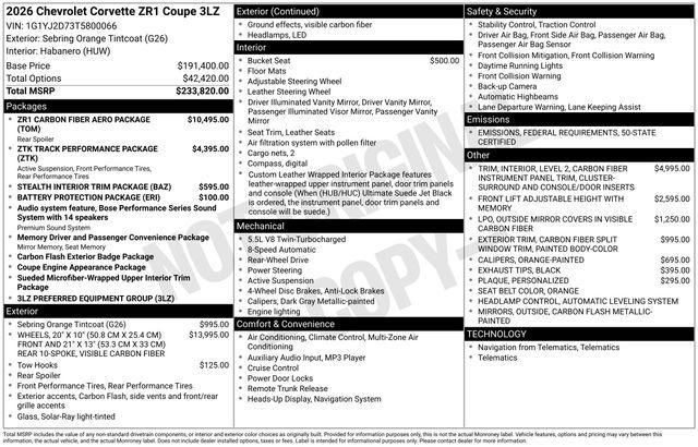 new 2026 Chevrolet Corvette car, priced at $238,815