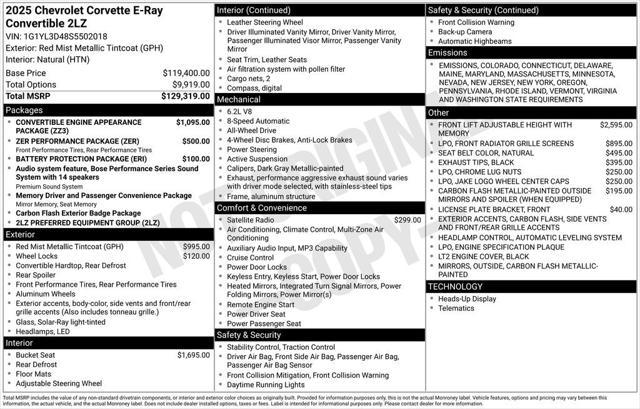 new 2025 Chevrolet Corvette E-Ray car, priced at $131,174