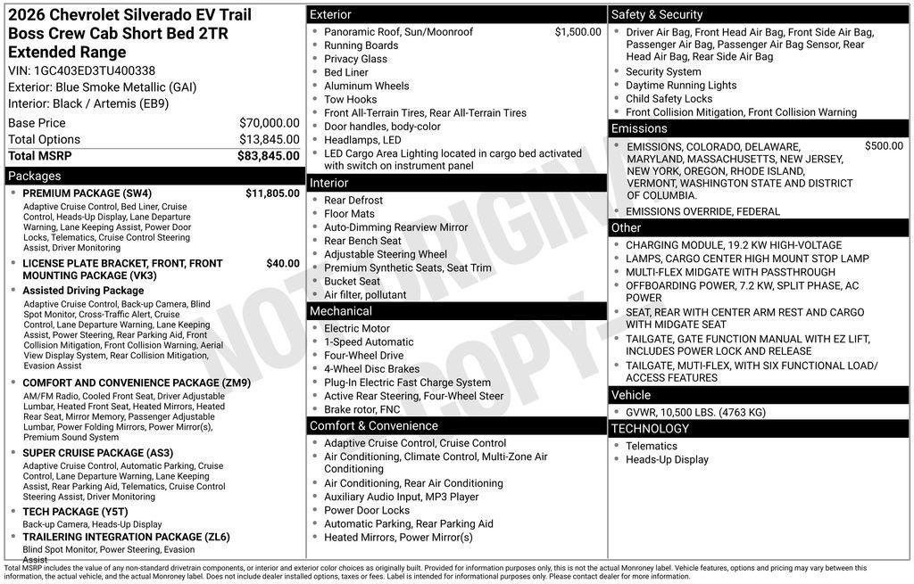 new 2026 Chevrolet Silverado EV car, priced at $83,195
