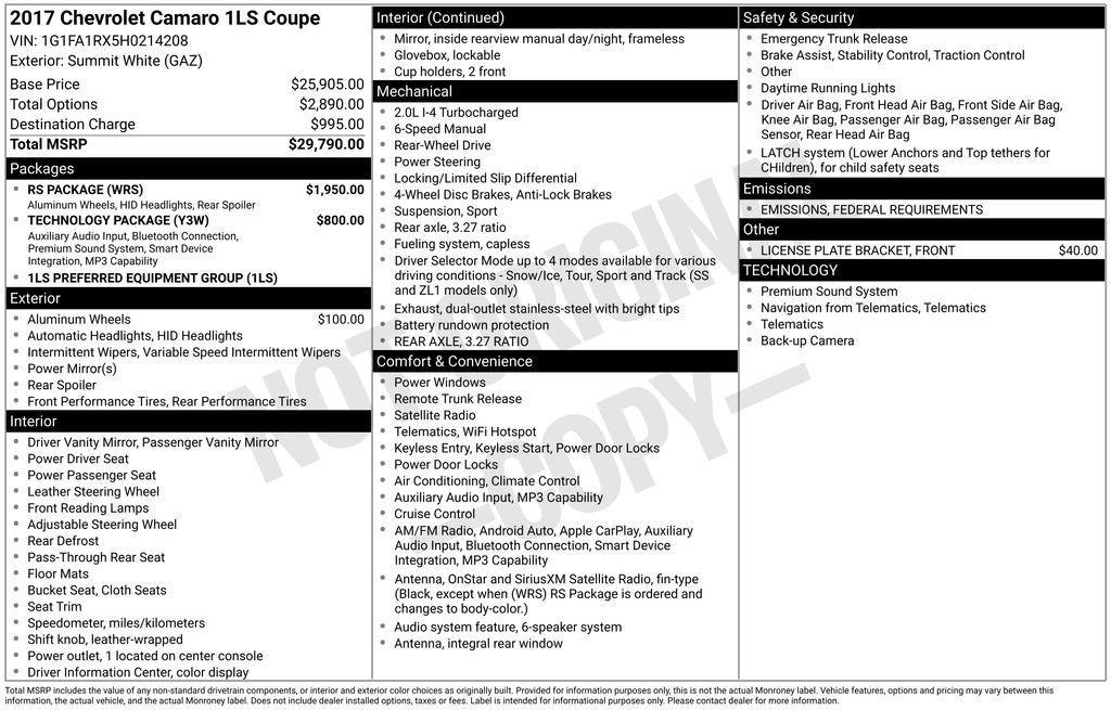 used 2017 Chevrolet Camaro car, priced at $17,000