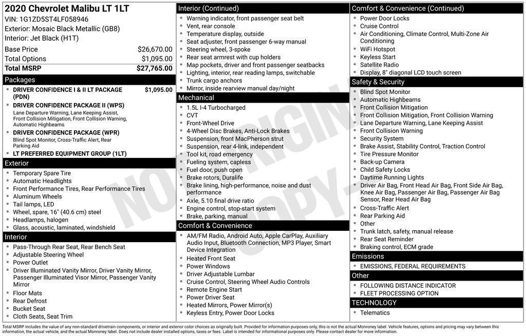 used 2020 Chevrolet Malibu car, priced at $16,739