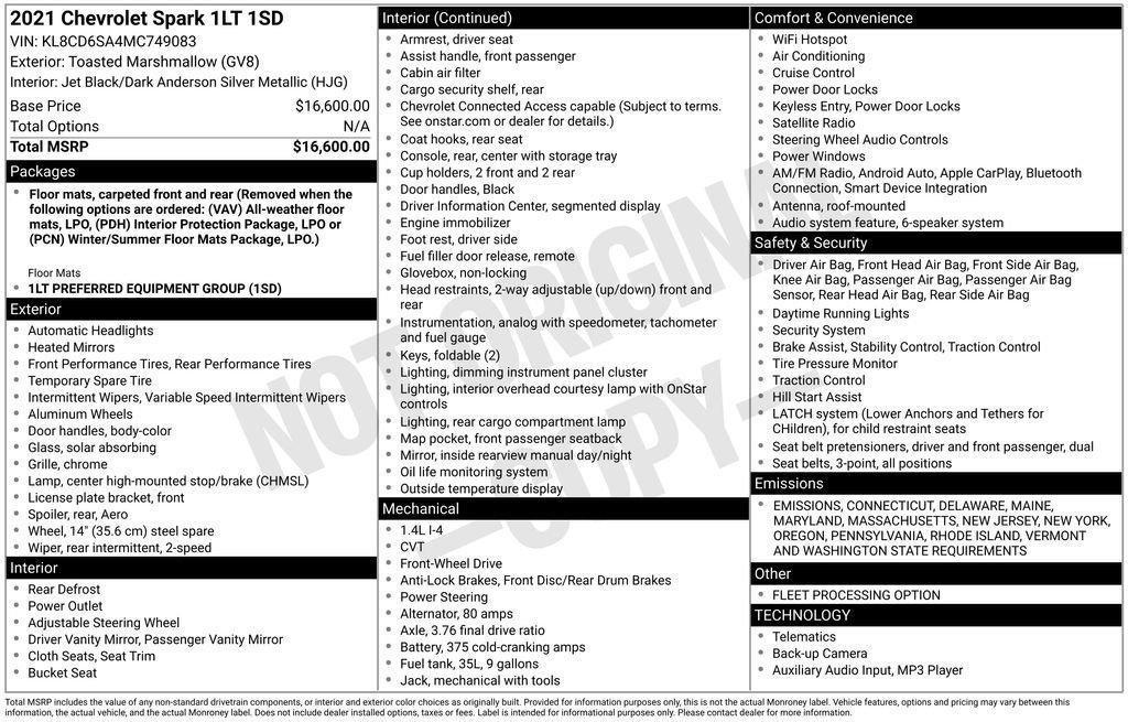 used 2021 Chevrolet Spark car, priced at $12,800