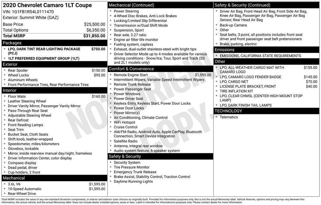 used 2020 Chevrolet Camaro car, priced at $16,600