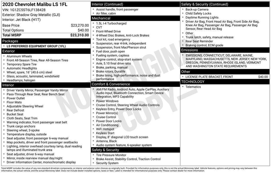 used 2020 Chevrolet Malibu car, priced at $16,772