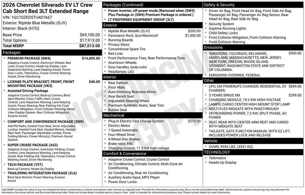 new 2026 Chevrolet Silverado EV car, priced at $85,063