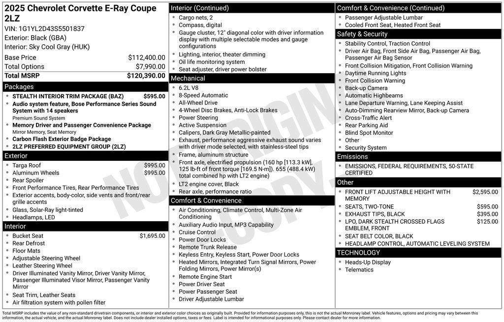 new 2025 Chevrolet Corvette E-Ray car, priced at $119,085