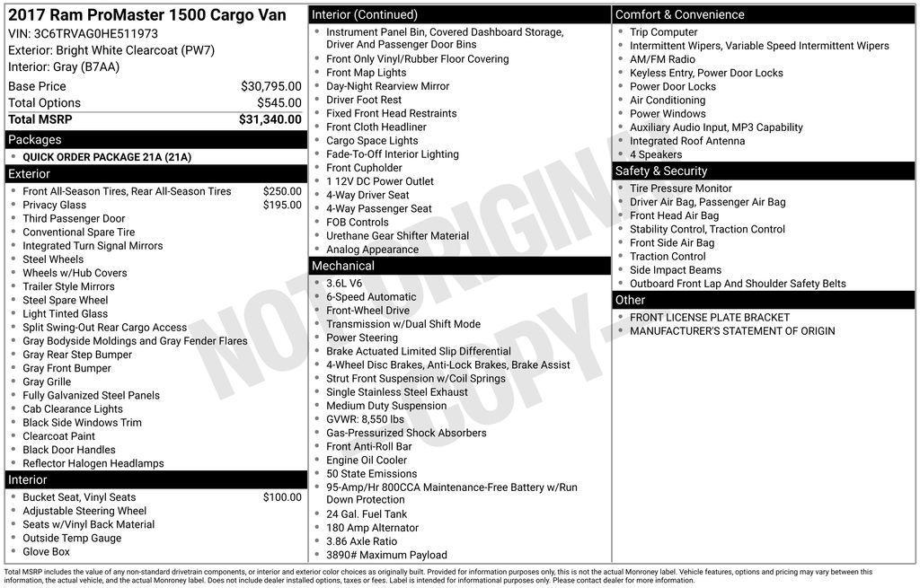 used 2017 Ram ProMaster 1500 car, priced at $18,800