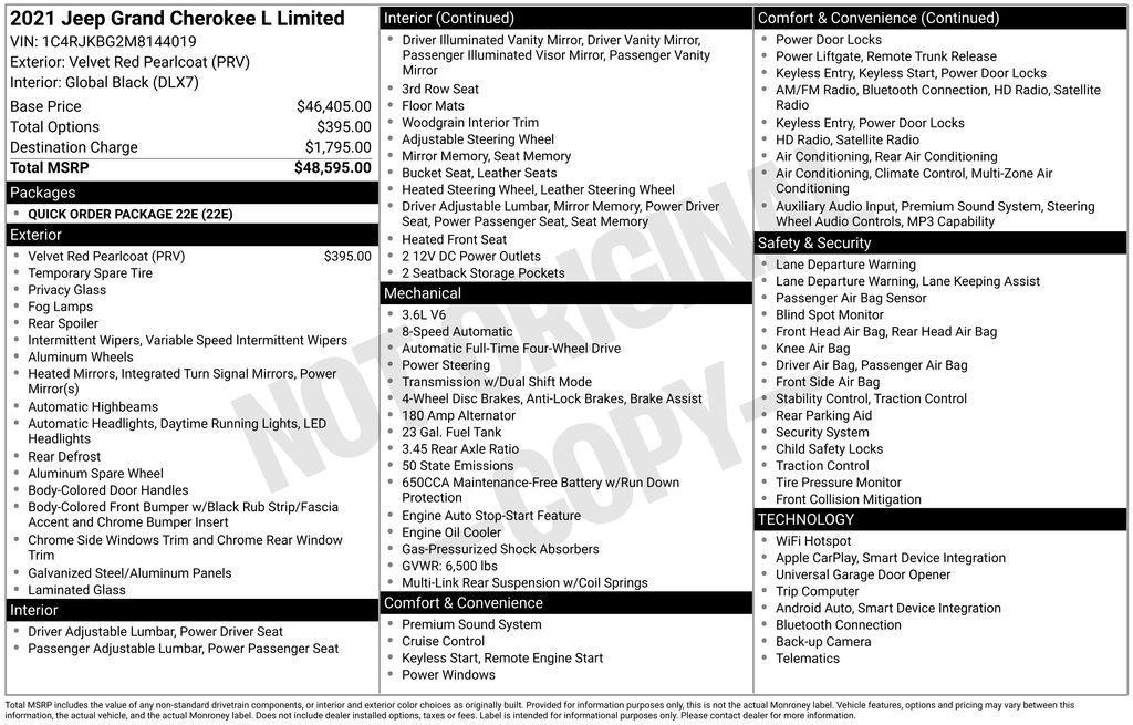 used 2021 Jeep Grand Cherokee L car, priced at $28,000