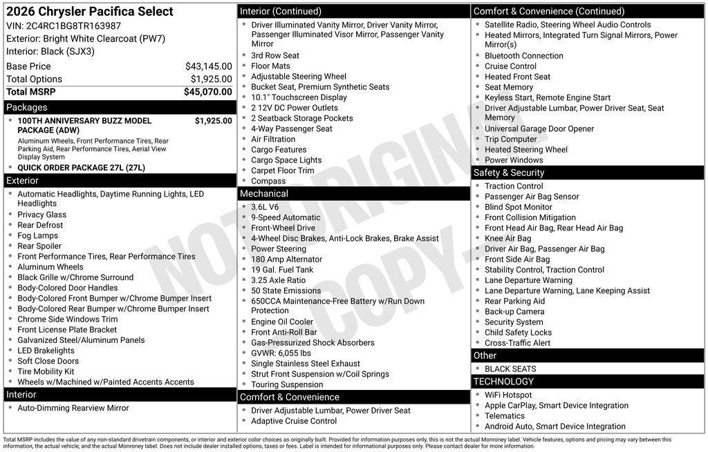 new 2026 Chrysler Pacifica car, priced at $44,344