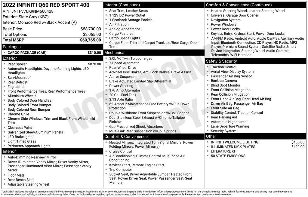 used 2022 INFINITI Q60 car, priced at $37,800