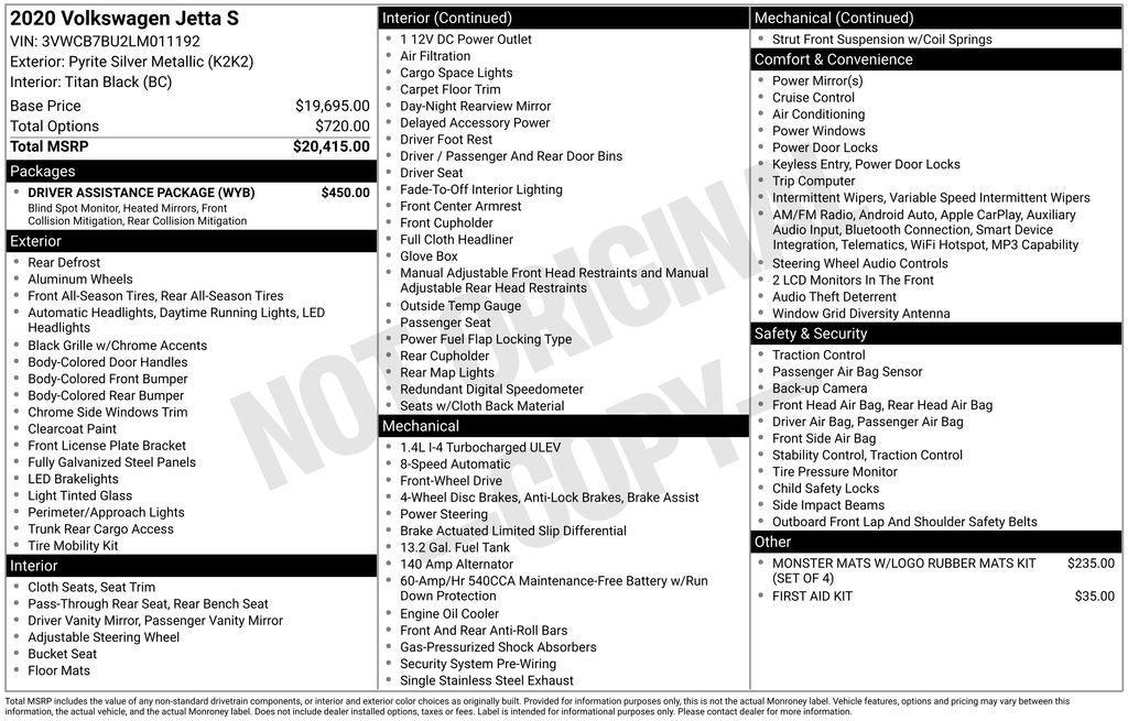 used 2020 Volkswagen Jetta car, priced at $15,200