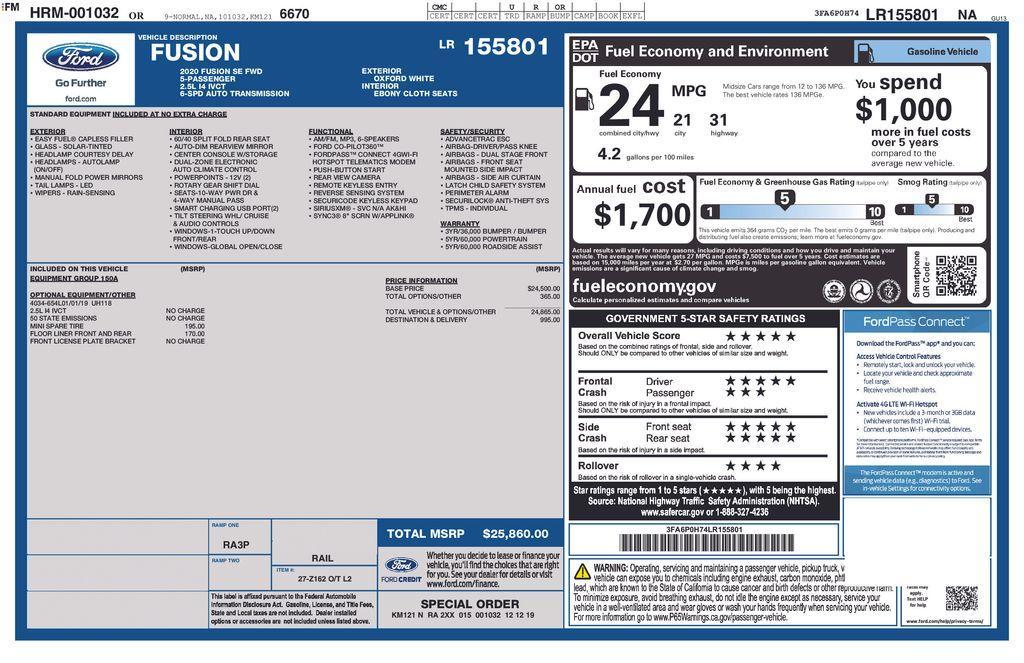 used 2020 Ford Fusion car, priced at $19,500