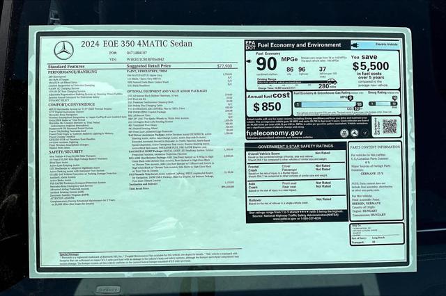 new 2024 Mercedes-Benz EQE 350 car, priced at $91,535